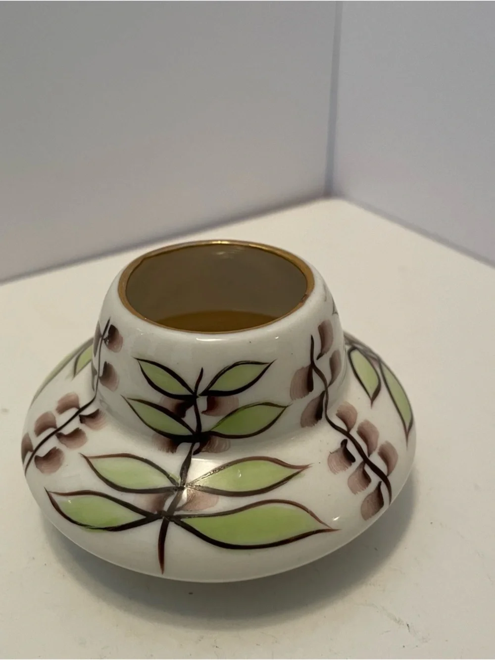 Vintage Hand Painted Porcelain Mini Vase Leaf Motif 2.5”‎
